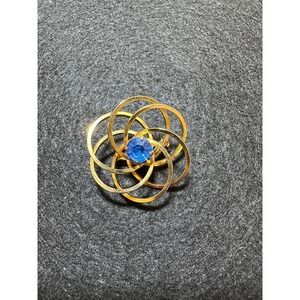 Goldtone Interlocking Rings Blue Rhinestone‎ Pin Brooch